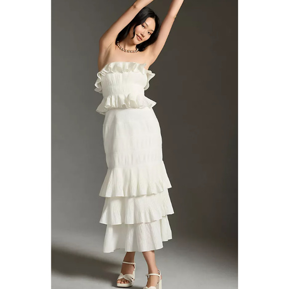 NWT Anthropologie Let Me Be Strapless Tiered Ruffled Midi Dress White XS
